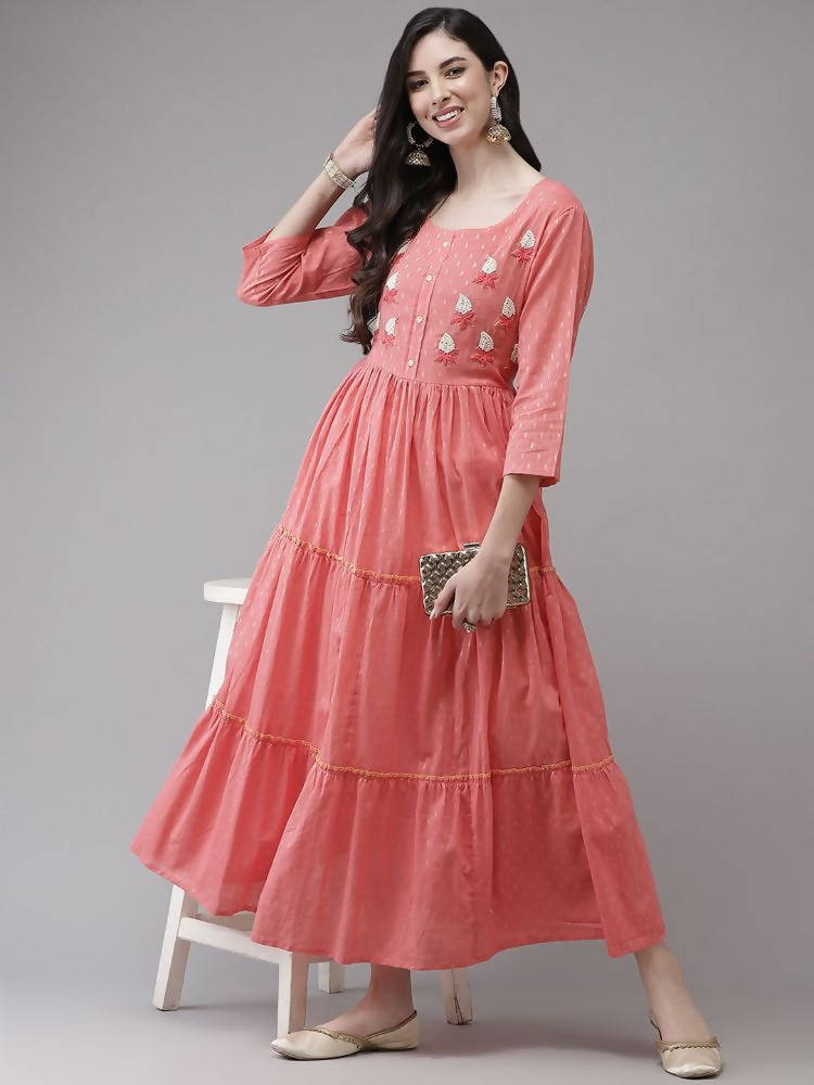 Yufta Coral Pink Embellished Embroidered Ethnic Dress