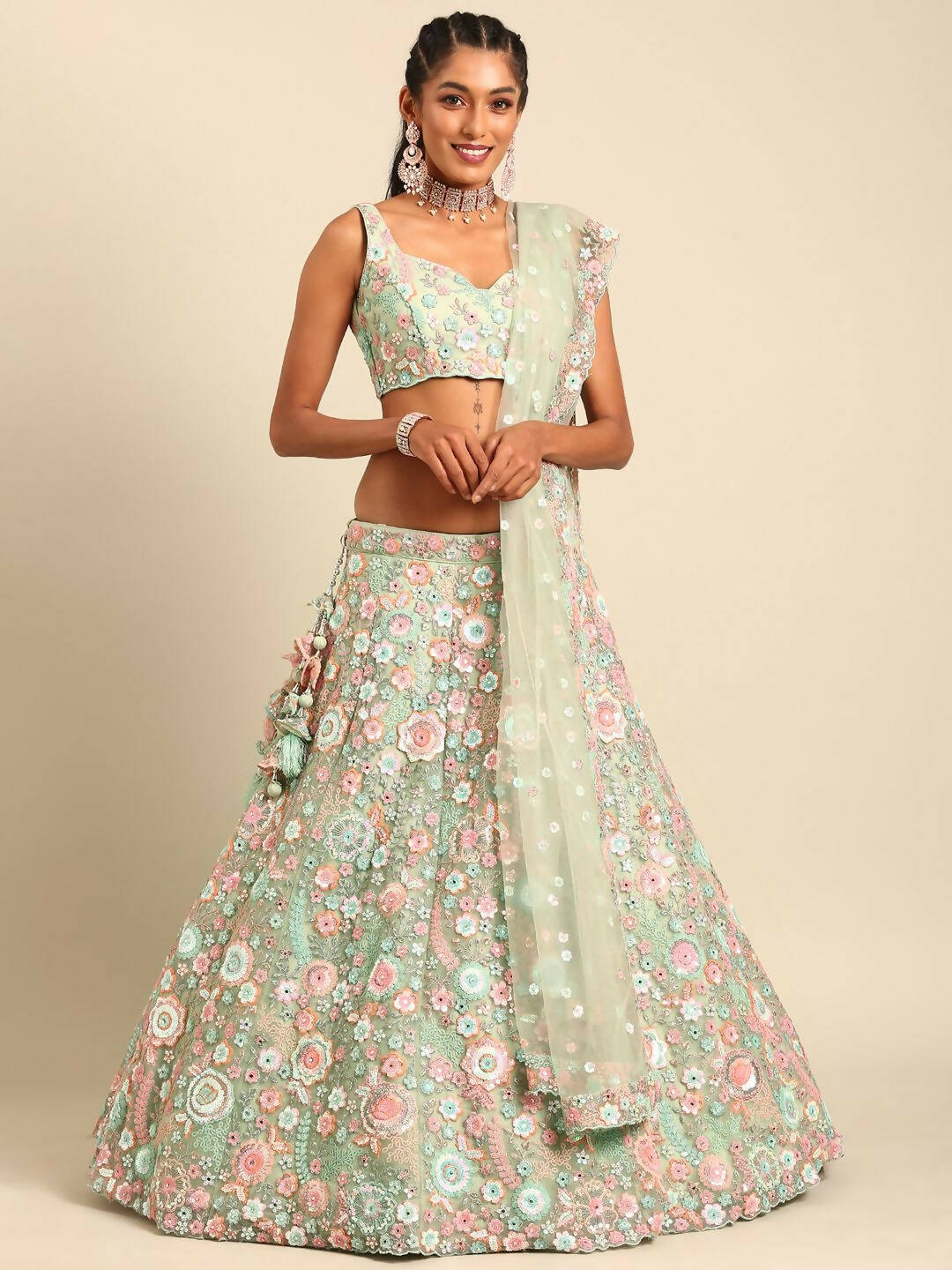 House of Panchhi Lime Green Net Sequins, Mirror and thread embroidery Lehenga choli & Dupatta