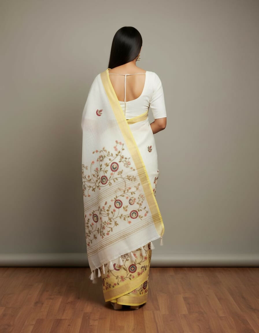 Morchari White Mal Chanderi With All Over Kantha Hand Work Saree - Distacart