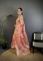 Joban Fashion Baby Pink Handloom Banarasi Organza Silk Khatali Butta Work Saree - Distacart