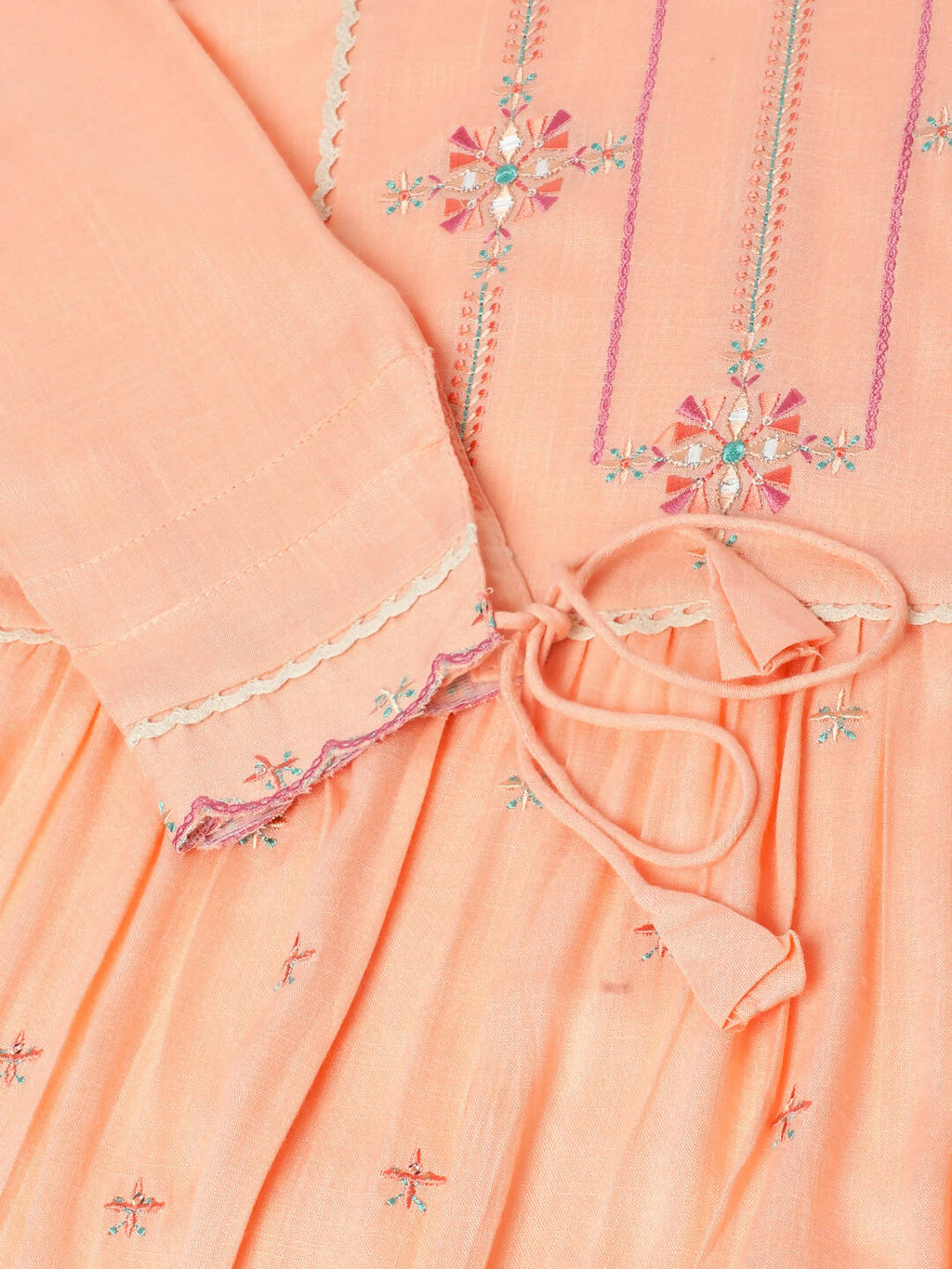 Peach Poly Cotton Yoke Embroidered A-line Top - Tarini