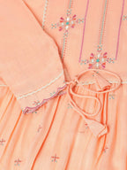 Peach Poly Cotton Yoke Embroidered A-line Top - Tarini