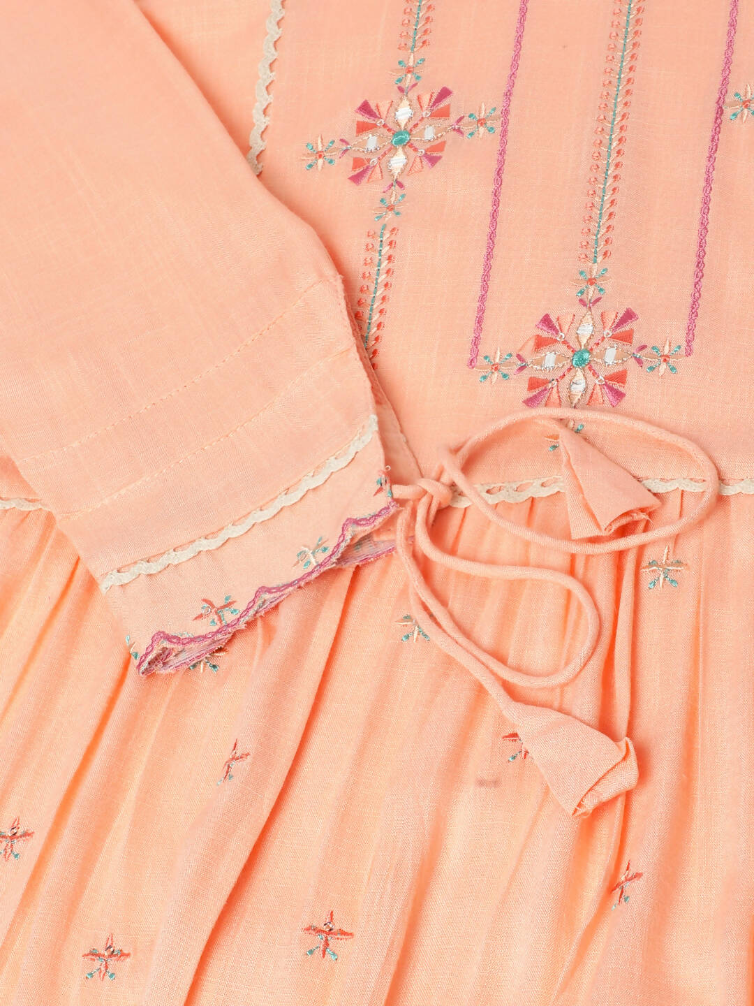 Peach Poly Cotton Yoke Embroidered A-line Top - Tarini
