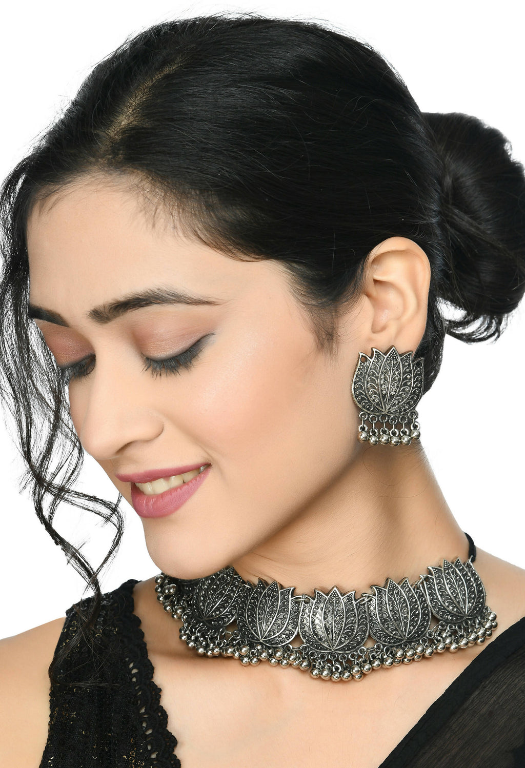 Mominos Fashion Johar Kamal Silver-Plated Brass Finish Lotus Design Choker For Women - Distacart