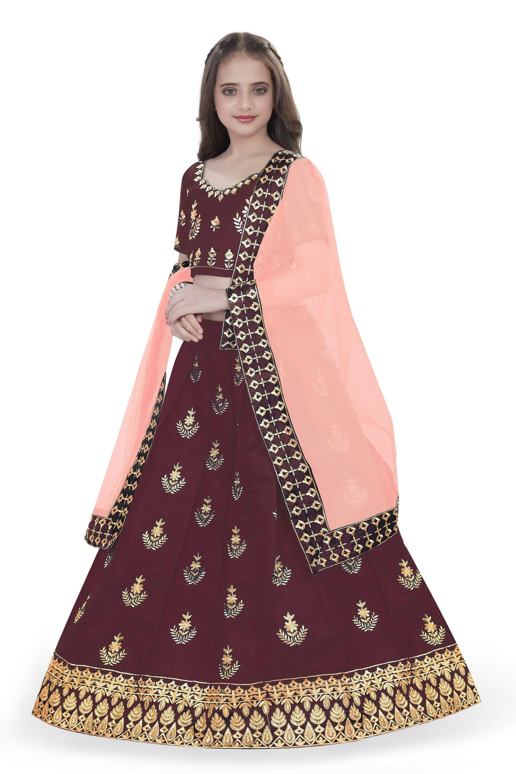 Dwiden Maroon Kamal Tafetta Sattin Semi-Stitched Girl's Lehenga Choli