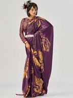 Vastranavya Wine Satin Silk Elegant Printed Saree with Unstitched Blouse - Distacart