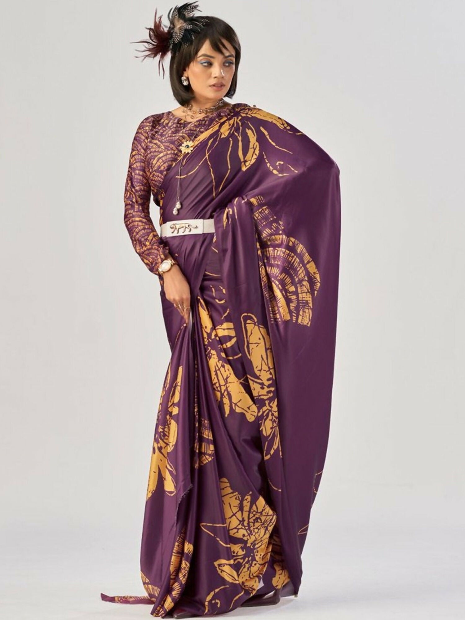 Vastranavya Wine Satin Silk Elegant Printed Saree with Unstitched Blouse - Distacart