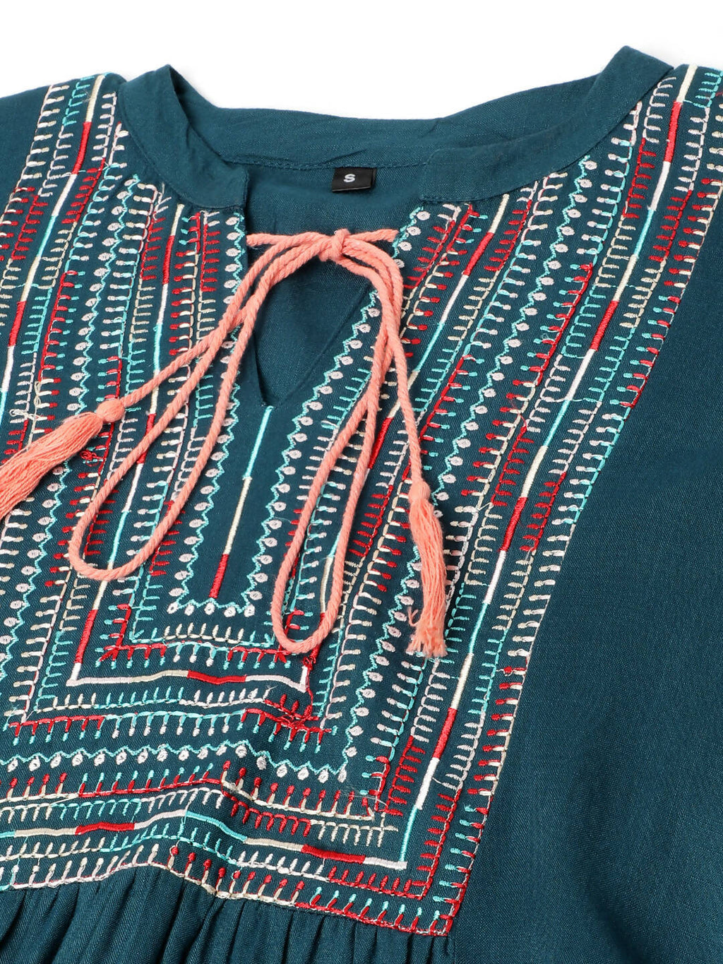 Teal Rayon Yoke Embroidered A-line Top - Tarini