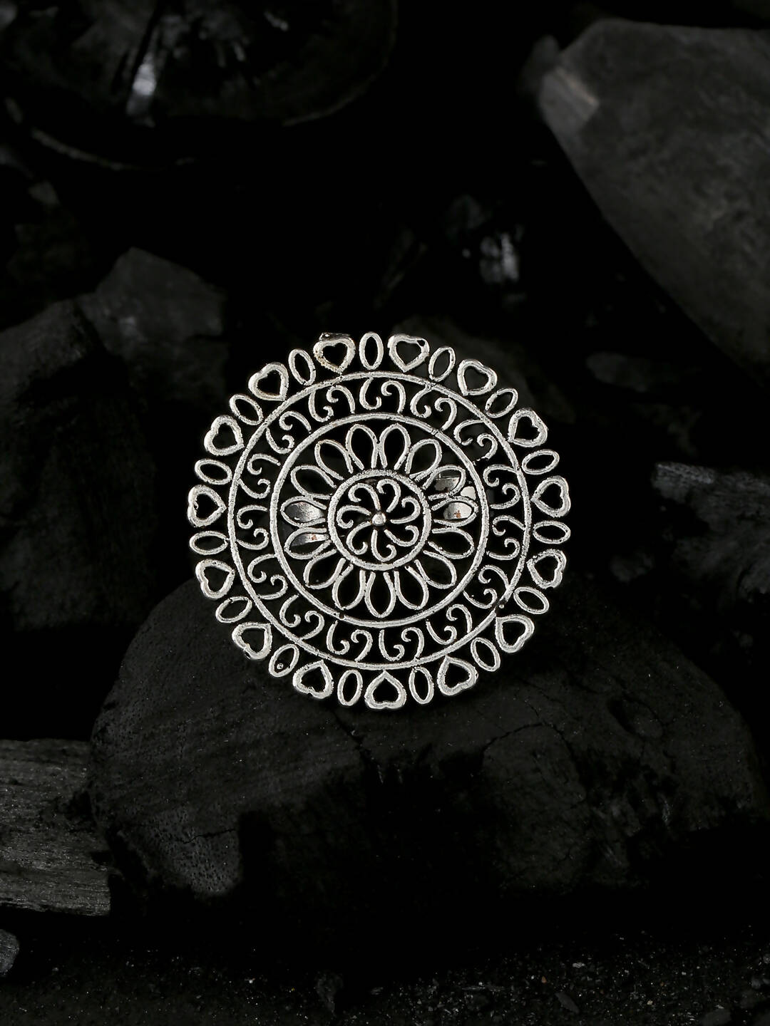 NVR Women Oxidised Silver-Plated Adjustable Finger Ring