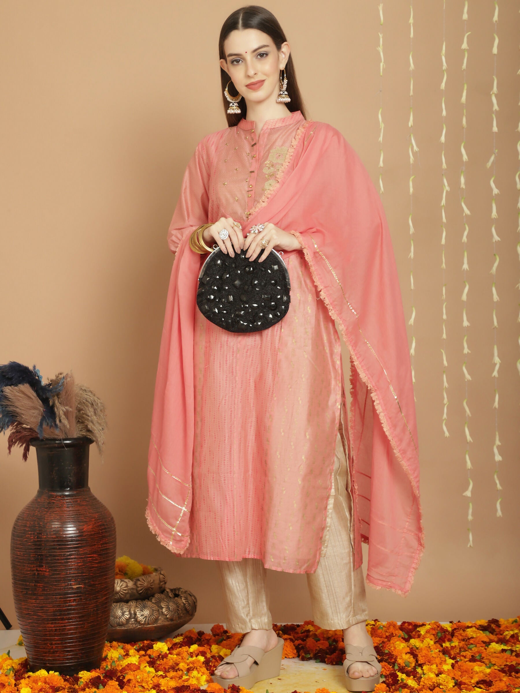 Jyoti Fashion Women's Peach Chanderi Silk Elegant Jardoshi Semi Kurta with Trouser & Dupatta