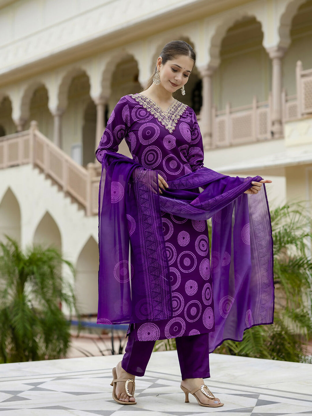 The52 Purple Women's Gorgeous Rayon Embroidered Straight Kurta with Pant And Dupatta Set - Distacart