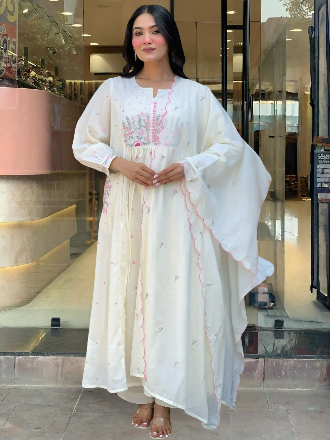 The52 White Women's Beautiful Cotton Fabric Thread Work Straight Kurta Pant and Dupatta Set - Distacart
