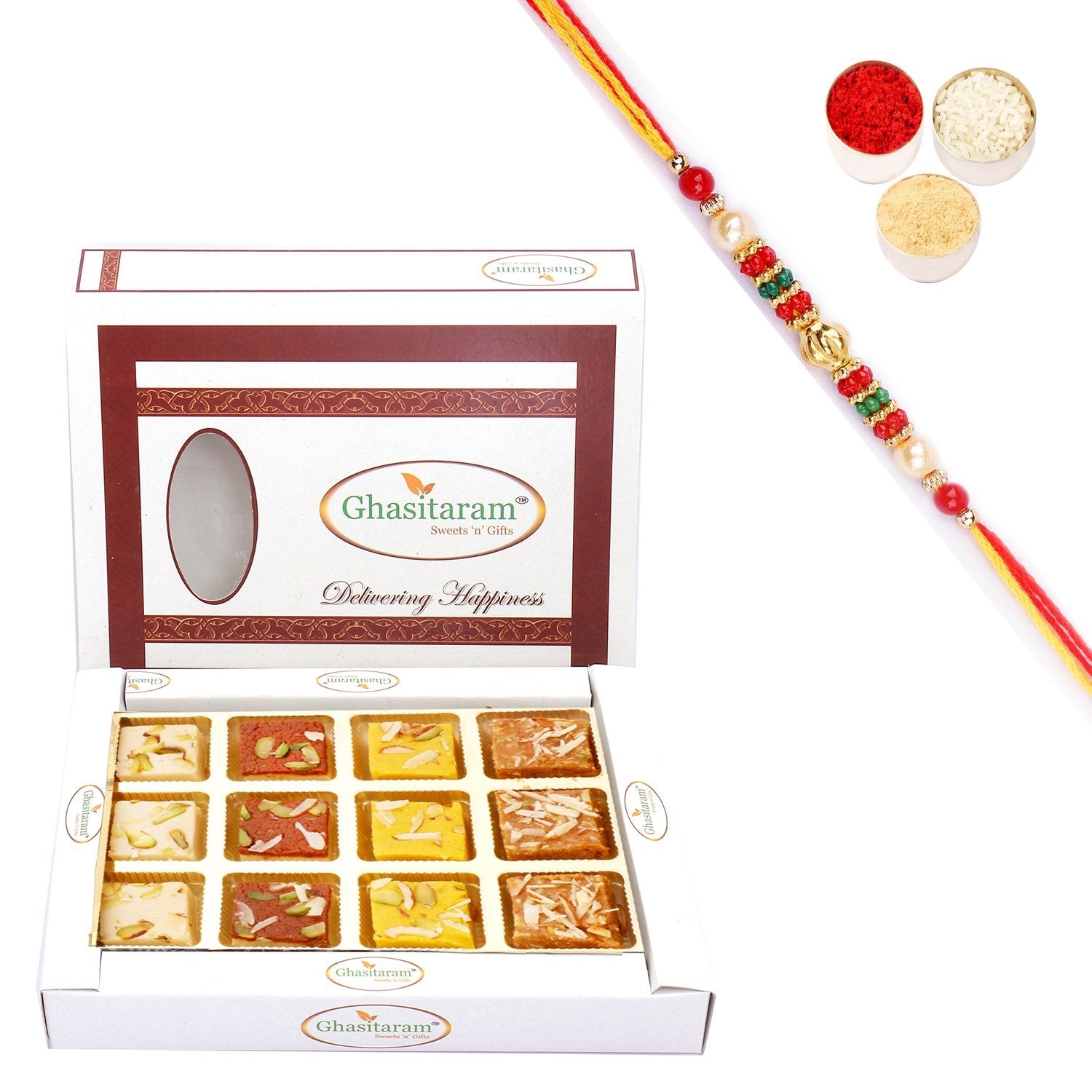 Ghasitaram Assorted Barfis White Box With Pearl Beads Rakhi - Distacart