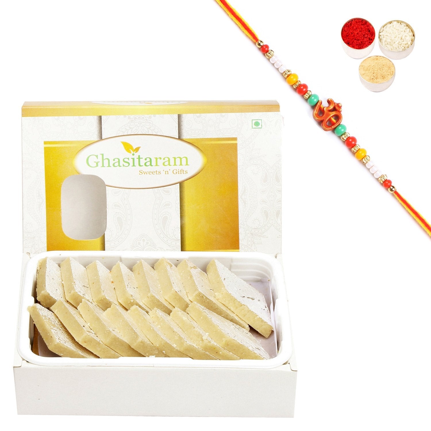 Ghasitaram Pure Kaju Katlis Box With Pearl Beads Rakhi - Distacart