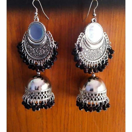 MS Fashion India Silver Oxidized Traditional Chandbali Earrings With Black Beads And Mirror Tassels