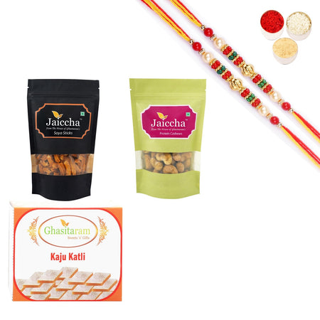 Ghasitaram Kaju Katli,Soya Sticks Pouch and Protein Cashews Pouch With Pearl Beads Rakhi
