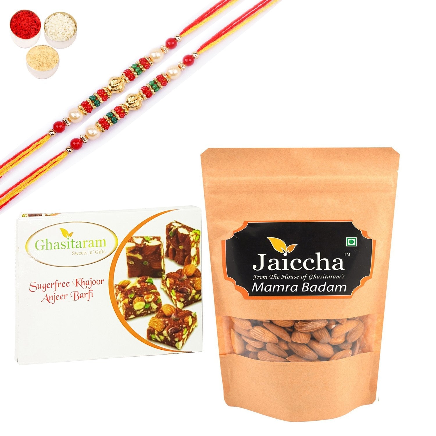 Ghasitaram Sugarfree Figs and Dates Bites, and Mamra Almonds With Pearl Beads Rakhi - Distacart