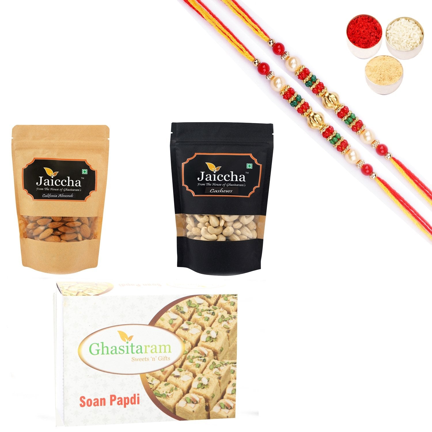 Ghasitaram Almonds, Cashews and Soan Papdi With Pearl Beads Rakhi - Distacart