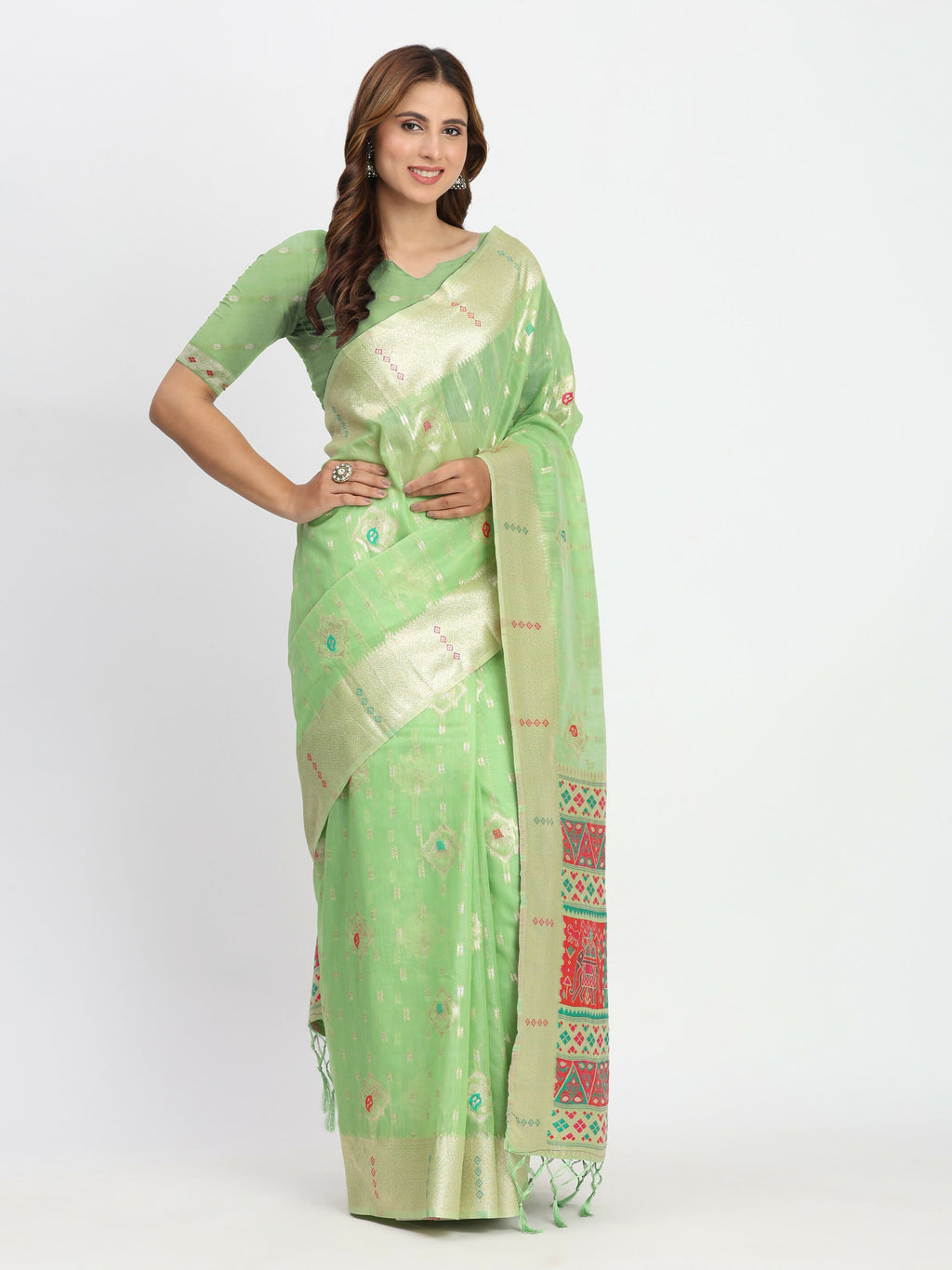 Shree Shyam Fashion Linen Cotton Light Green Saree - Distacart