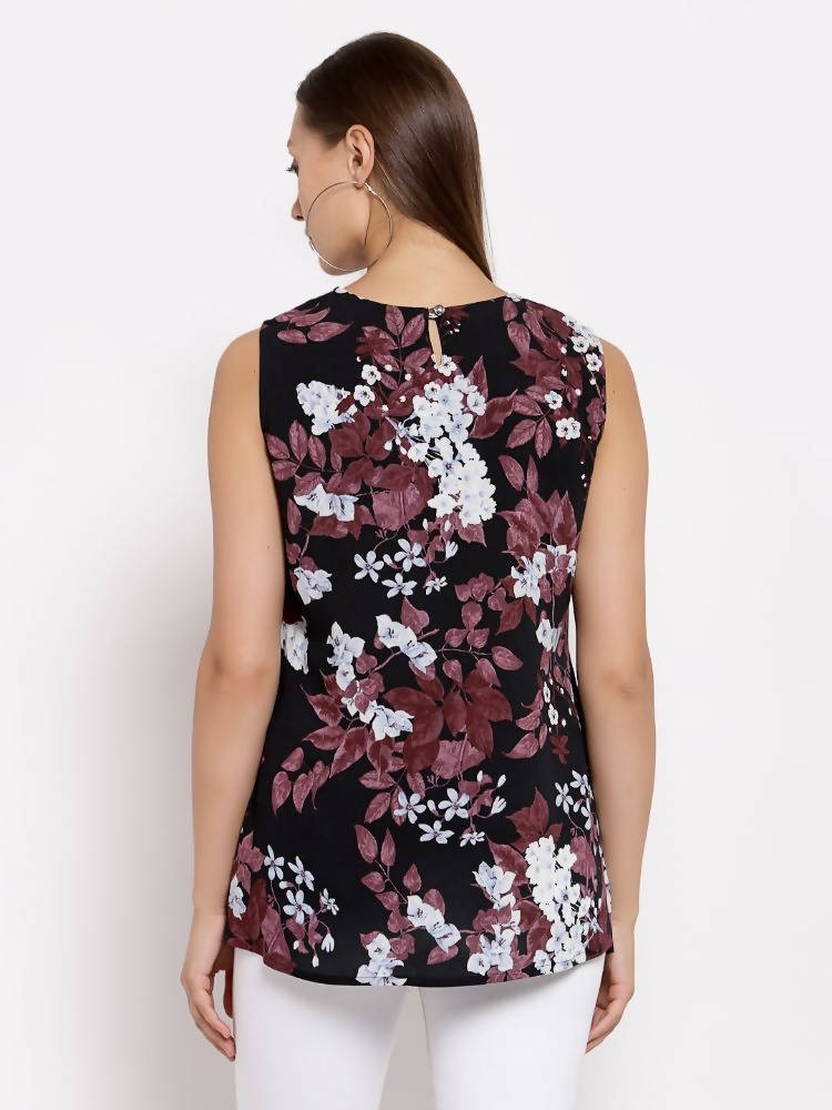 Myshka Women's Multi Crep Printed Sleeveless Round Neck Casual Top