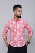 Miravan Men's Pink Floral Print Comfort Cotton Casual Shirt