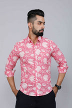 Miravan Men's Pink Floral Print Comfort Cotton Casual Shirt
