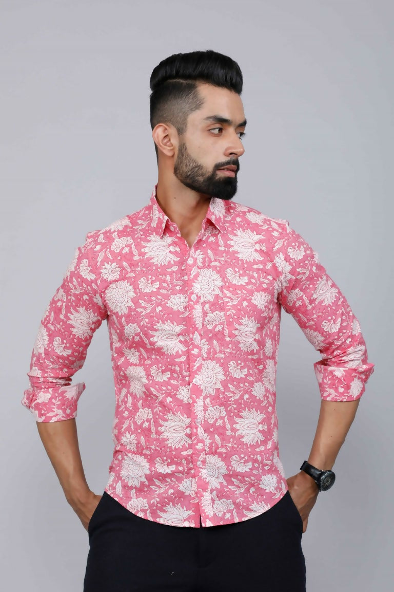 Miravan Men's Pink Floral Print Comfort Cotton Casual Shirt