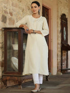 Juniper Women's Offwhite Cotton Flex Embroidered Straight Kurta - Distacart