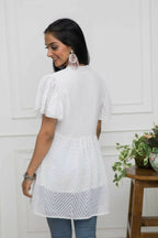 Myshka Women Solid V-Neck Flared Sleeves Synthetic Georgette White Top - Distacart