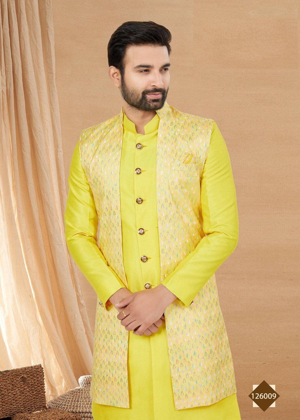 Joban Fashion Men's Lemon Yellow Heavy Art Silk Double Finish Plain Indowestern