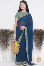 Little Bansi Floral Print Ready To Wear Saree And Floral Blouse - Blue