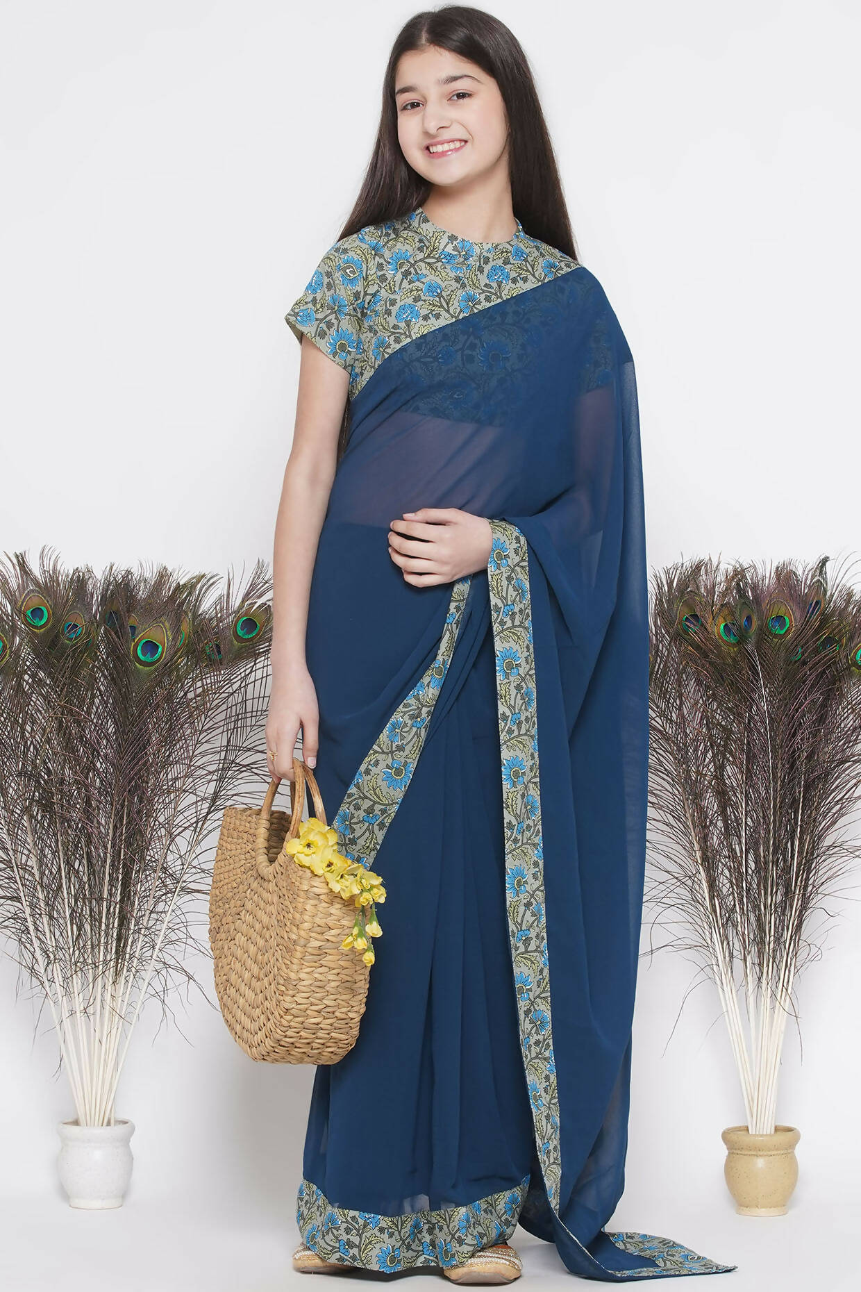 Little Bansi Floral Print Ready To Wear Saree And Floral Blouse - Blue