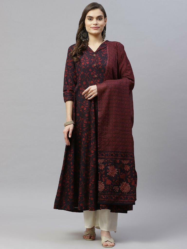 Miravan Women's Pure Floral Printed Anarkali Kurta With Gold Print Dupatta