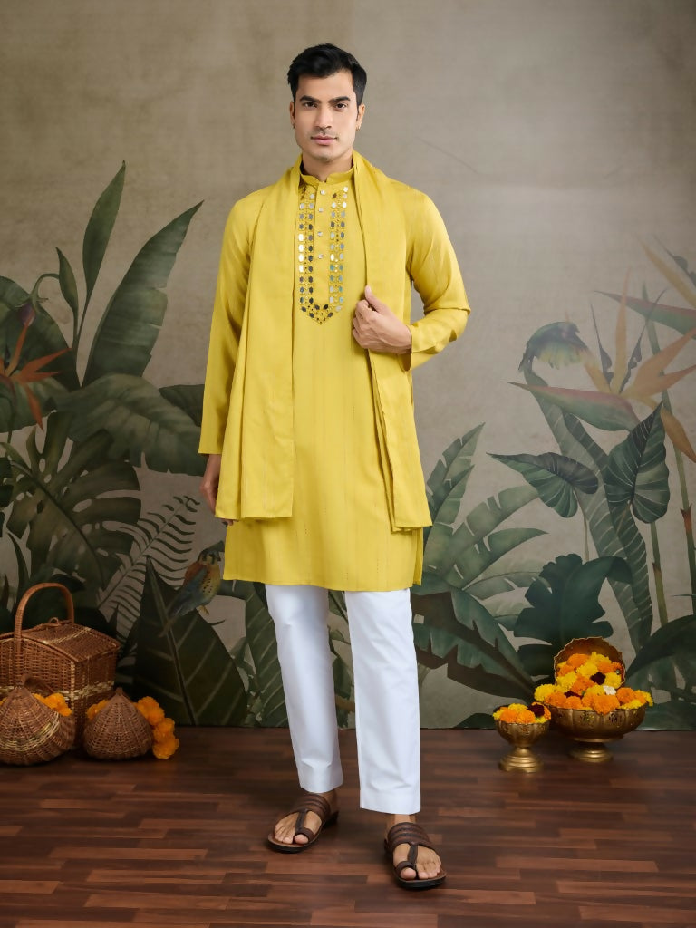 Vastranavya Yellow Exclusive Viscose Silk Festival Wear Real Mirror Work Kurta with Dupatta