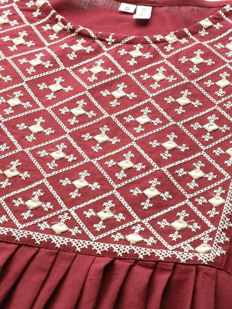 Yufta Women Rust Red & White Embroidered Mirror Work Yoke Design Cotton A-Line Dress