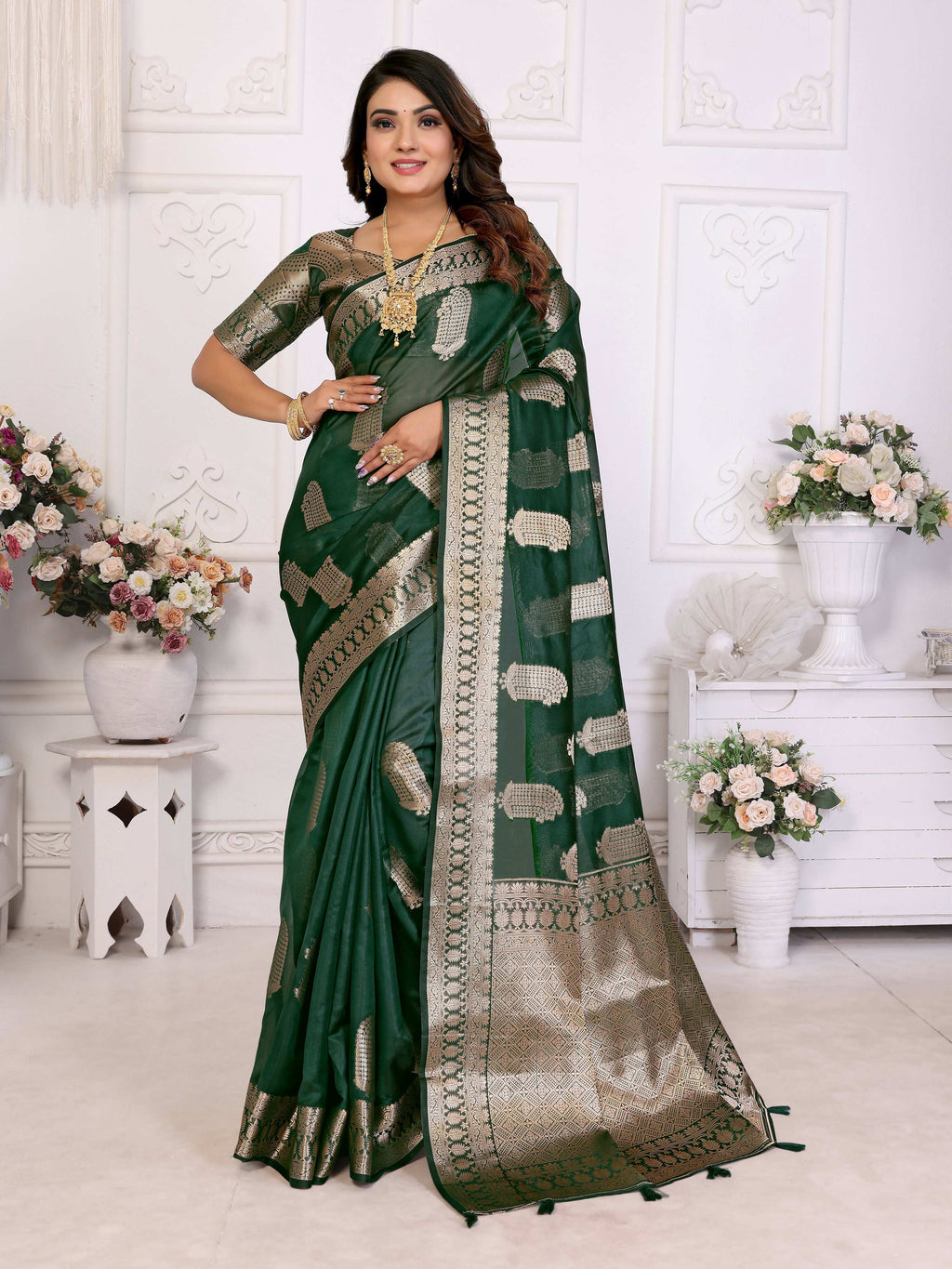 Aastha Fashion Green Soft Organza Silk Weaving Saree - Distacart