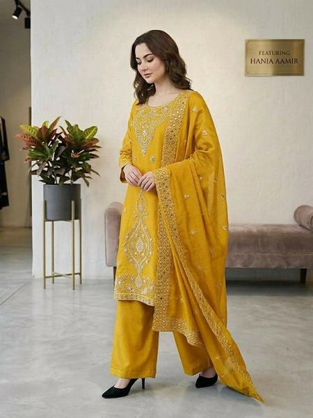 Teeya Creation Yellow Color Gimmychu Silk Embroidery Work Wedding Wear Salwar Suit