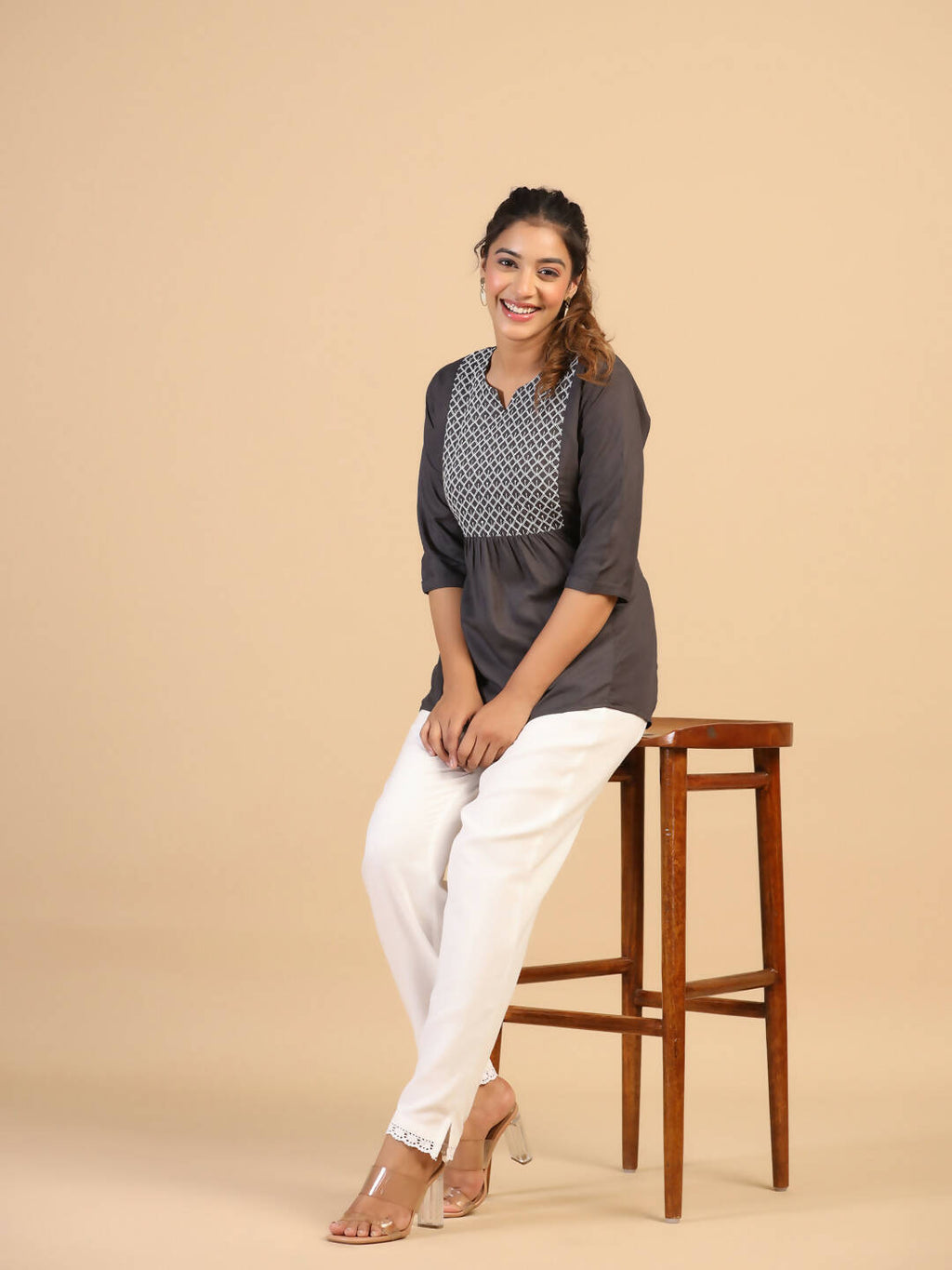 Womens Grey Rayon Yoke Embroidered Top - Keeva