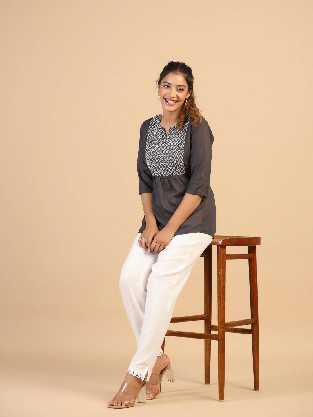 Womens Grey Rayon Yoke Embroidered Top - Keeva