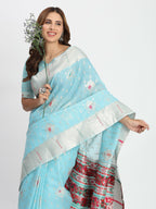 Shree Shyam Fashion Linen Cotton Sky Blue Saree - Distacart