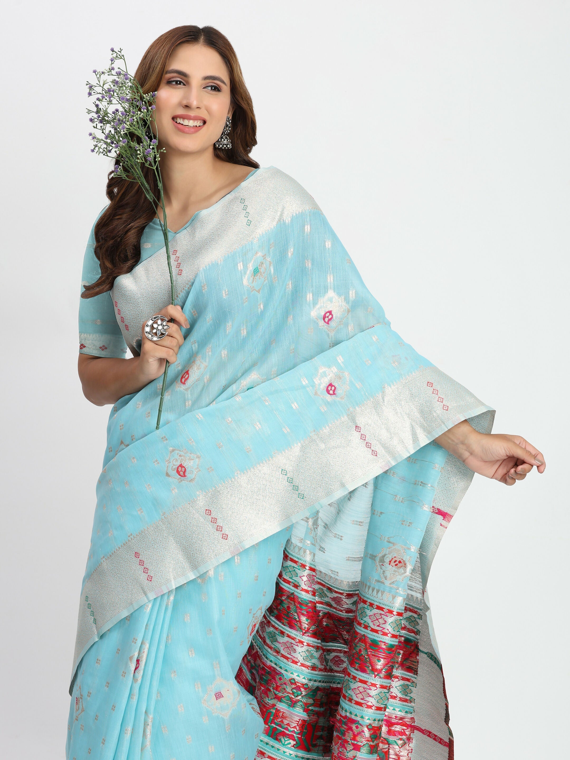 Shree Shyam Fashion Linen Cotton Sky Blue Saree - Distacart