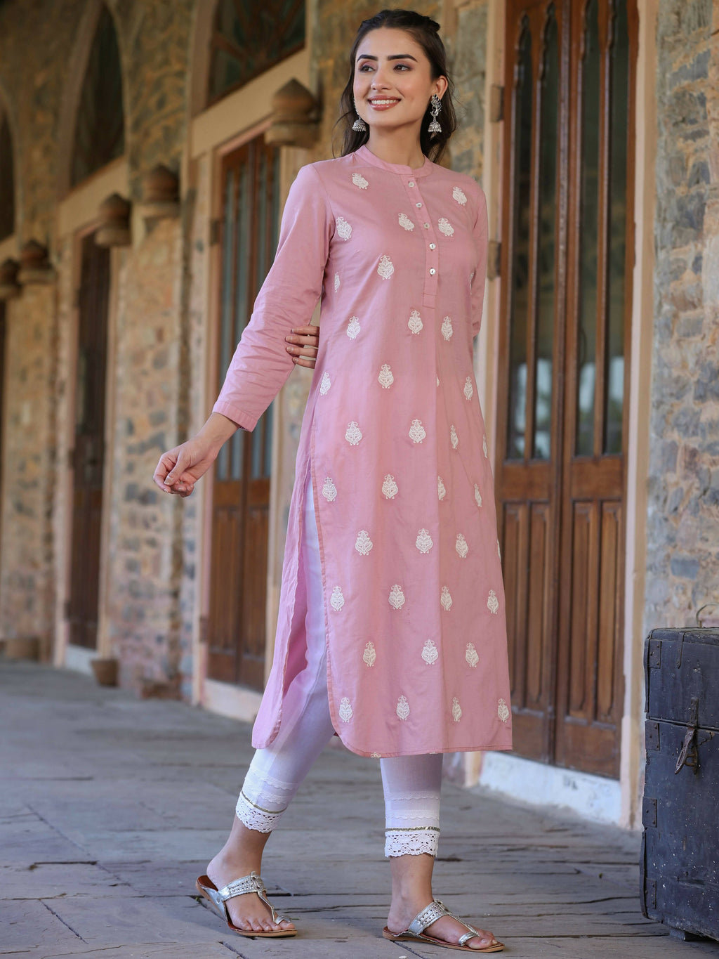 Juniper Women's Pink Cambric Printed Straight Kurta - Distacart