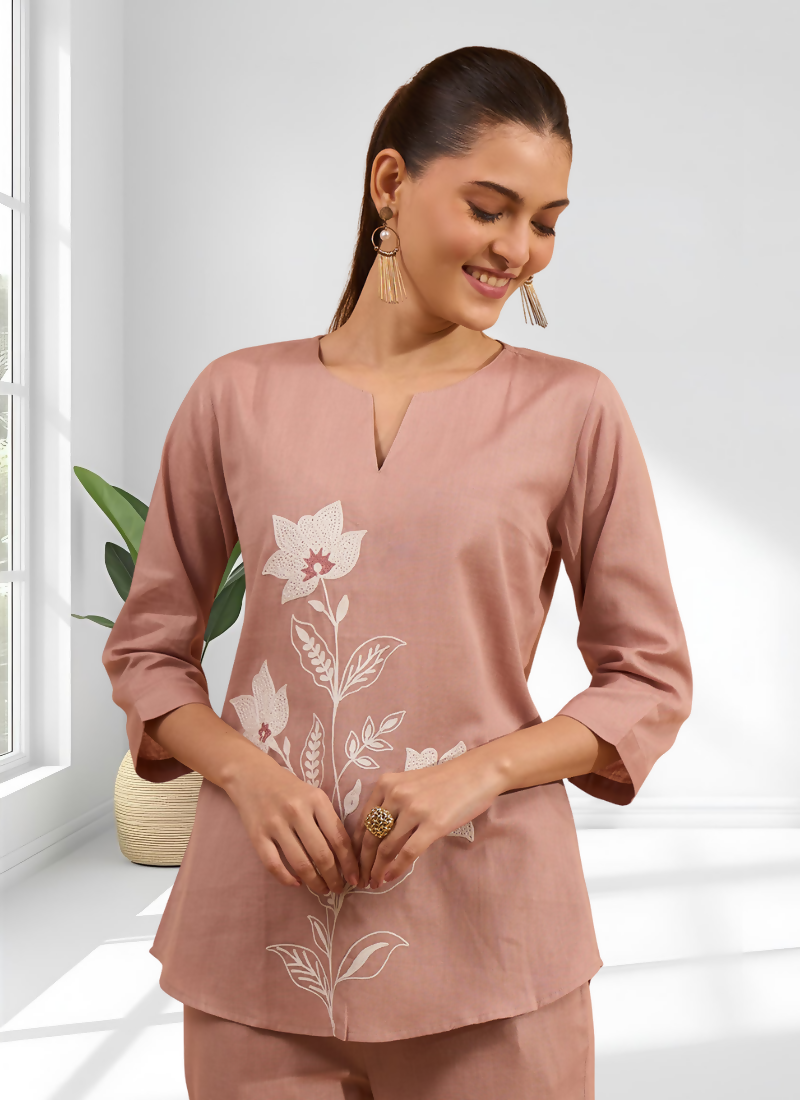 Joban Fashion Pink Cotton, Linen Embroidered Readymade Cord Set - Distacart