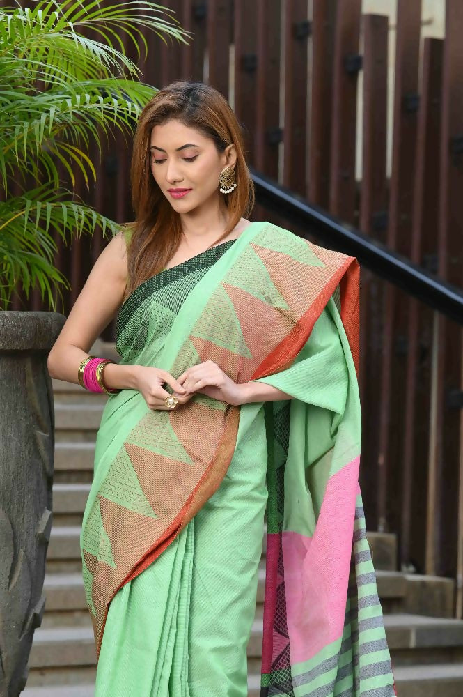 Beatitude Green Cotton Temple Border Handloom Saree