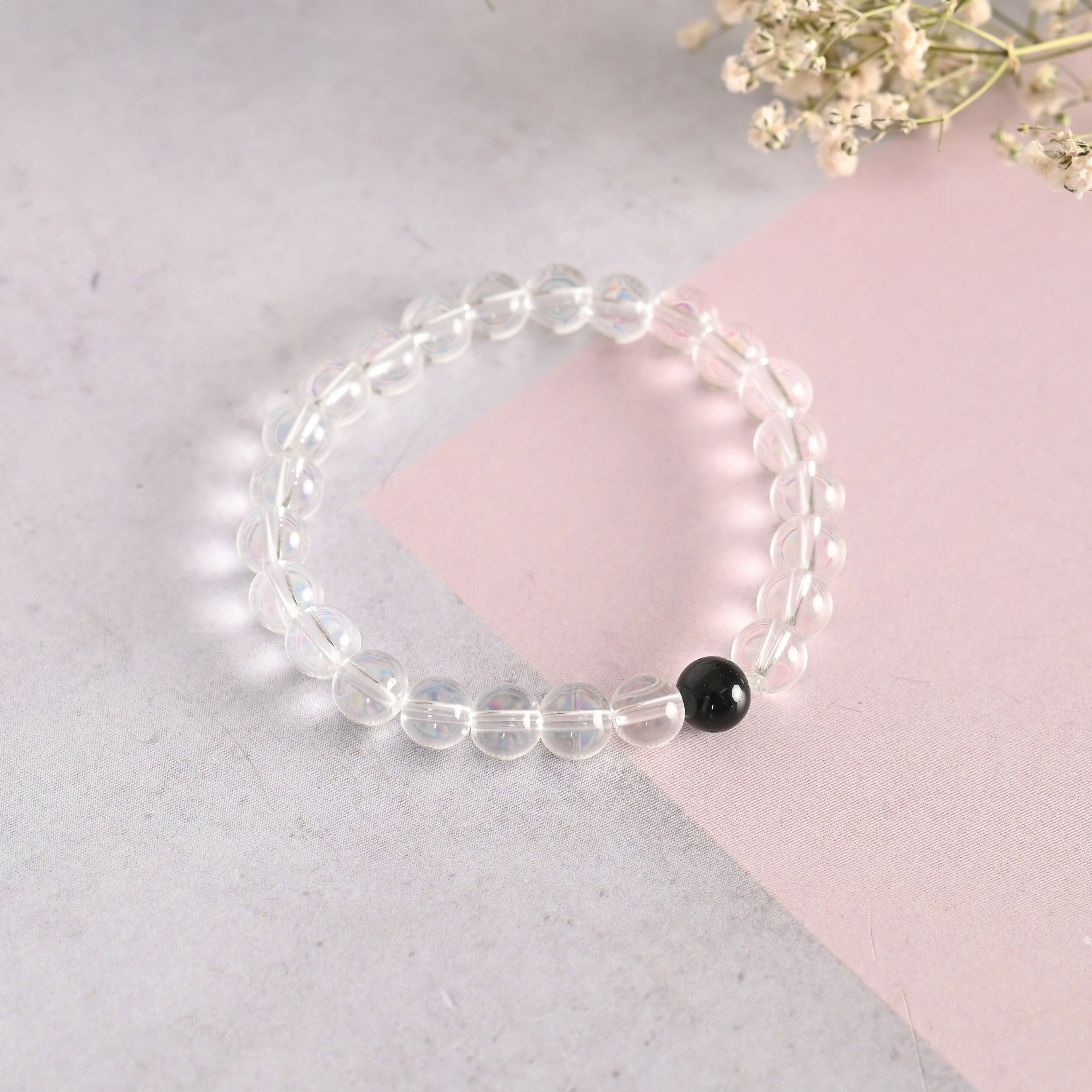 NVR Men & Women Transparent & White & Black Marbel Crystal Elasticated Bracelet - Distacart