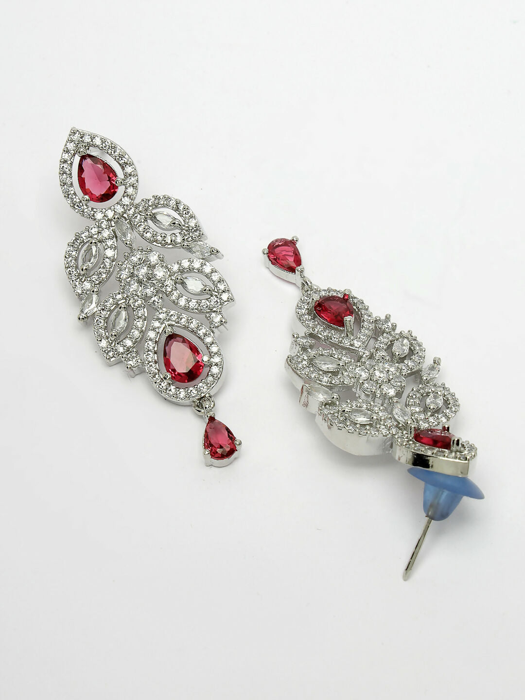 NVR Women's silver plated Maroon CZ stone handcrafted jewellery set