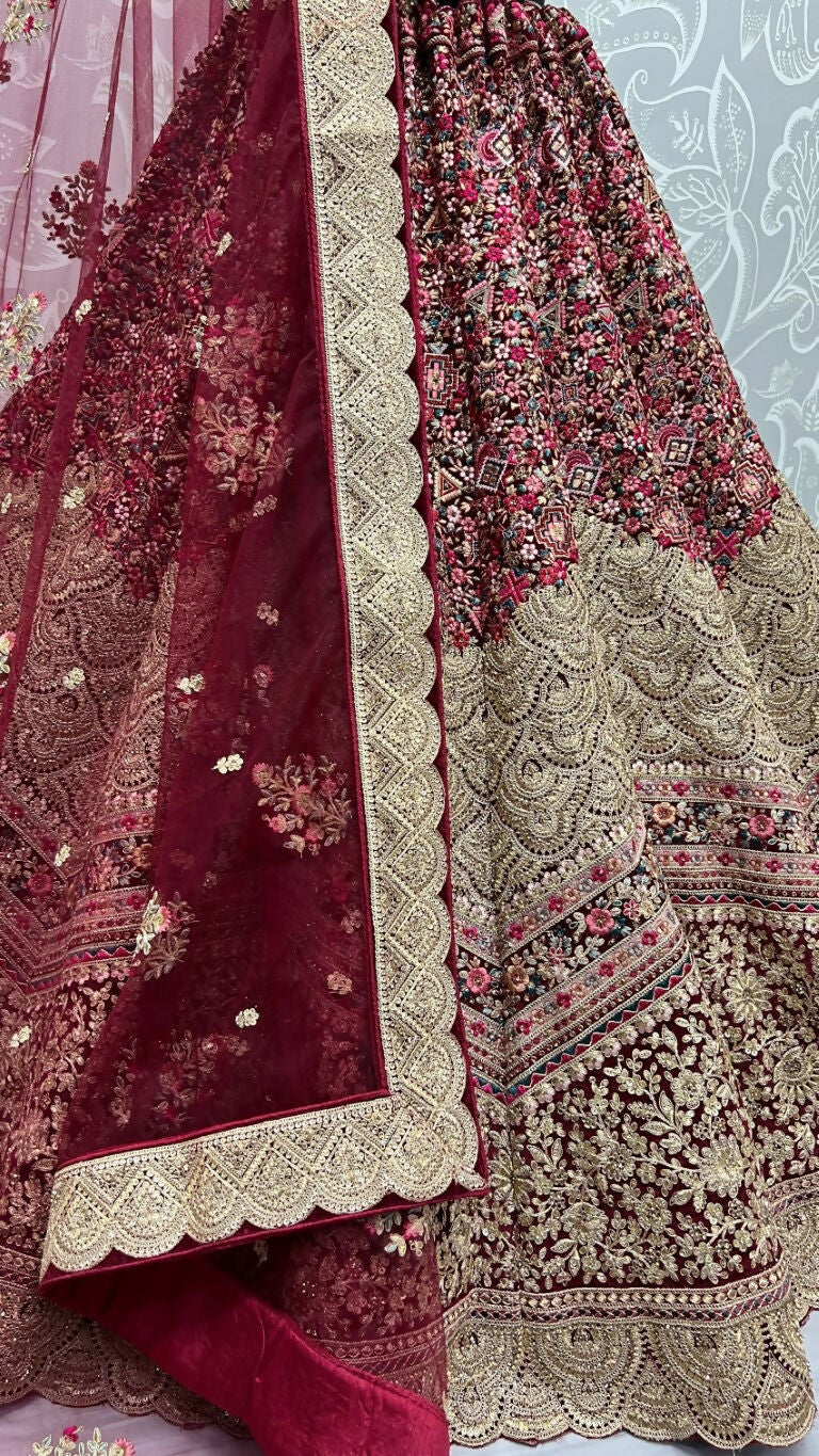 Jyoti Fashion Women's Maroon Velvet Fancy Dori & Sequins Multi Thread Embroidered with Diamond Work Wedding Lehenga Choli