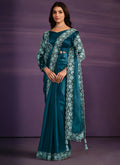 Light Blue Crepe Satin Silk Embroidered Saree With Stitched Blouse - Mohmanthan Exotica