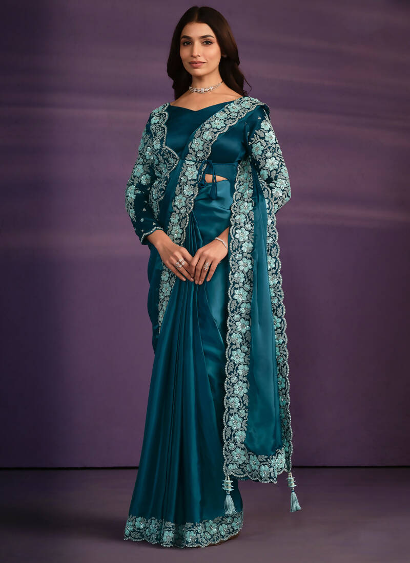 Light Blue Crepe Satin Silk Embroidered Saree With Stitched Blouse - Mohmanthan Exotica