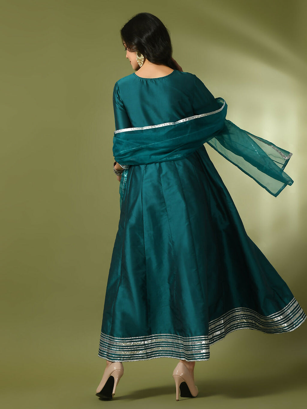 Myshka Women's Teal Solid Silk Anarkali Party Kurta With Dupatta